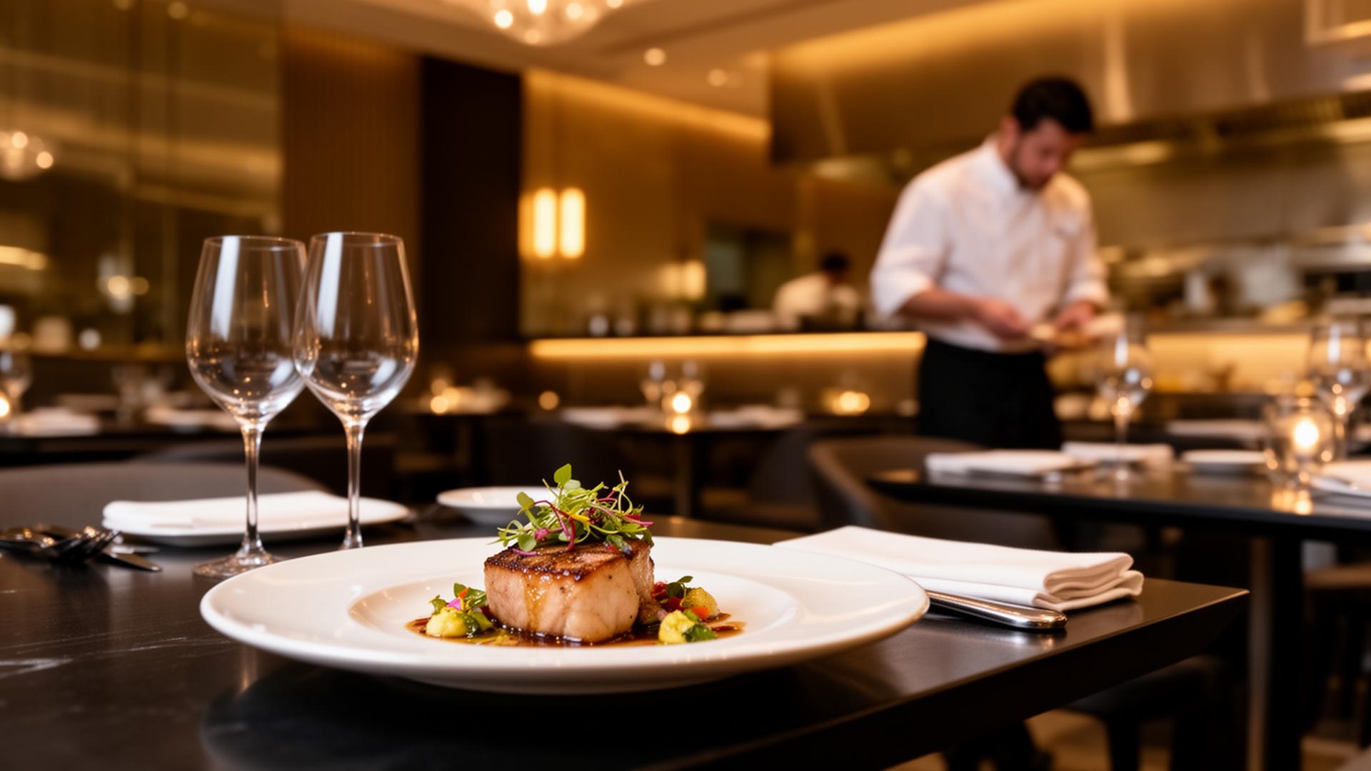 A warmly set restaurant dining room